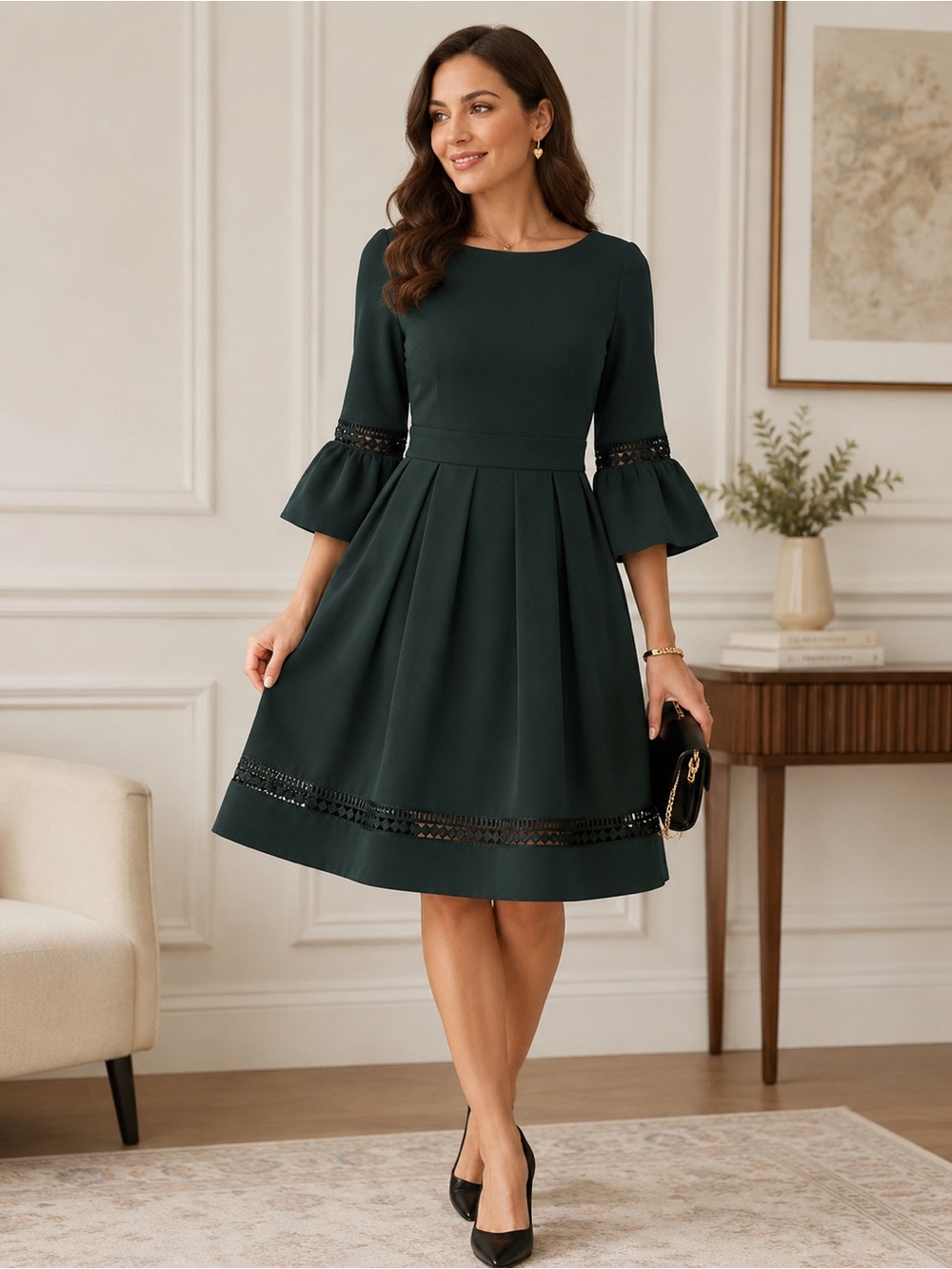 Eliza J Dark Forest Green A-Line Midi Dress with Bell Sleeves